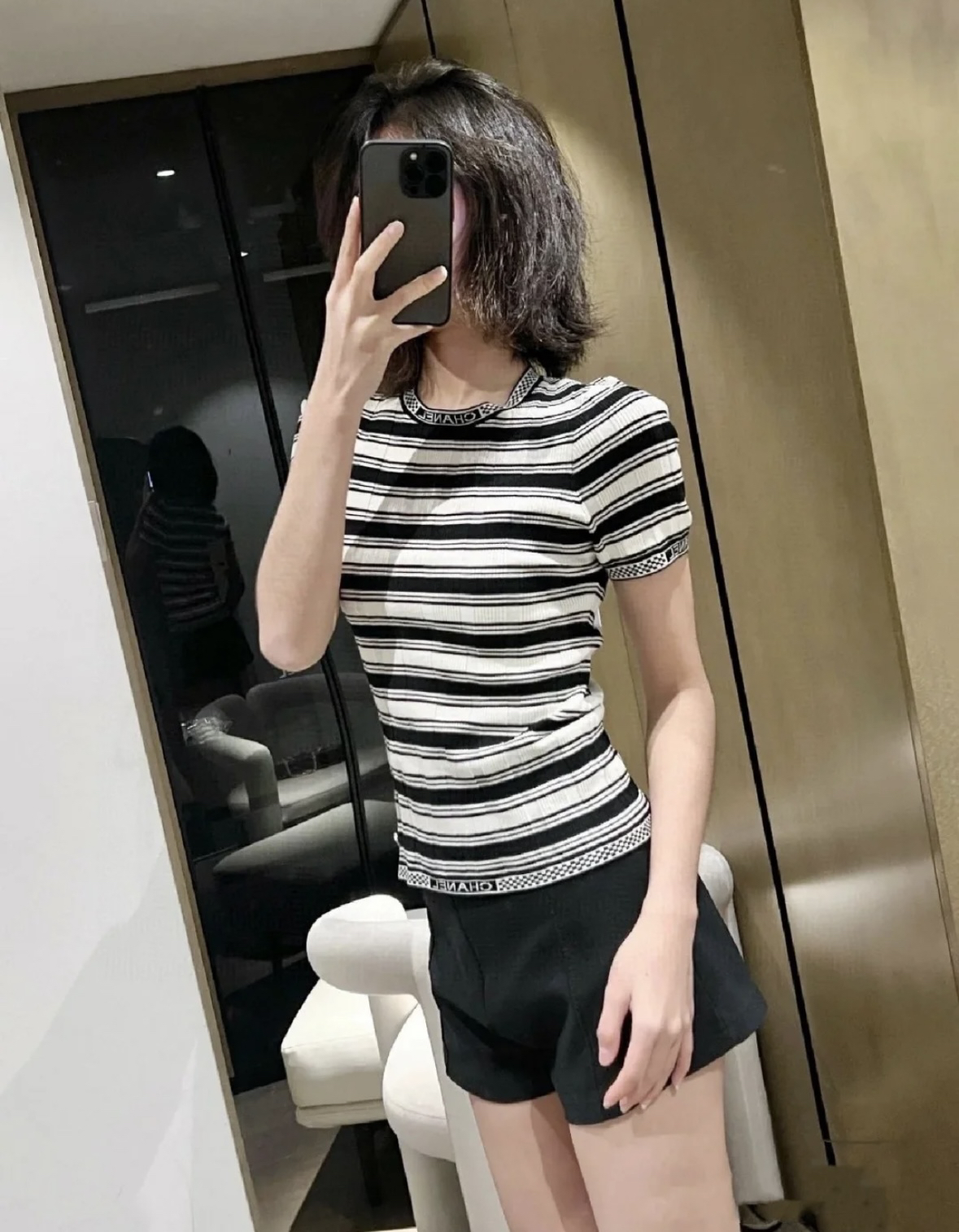 95新 Chanel/香奈儿 bb零四七一 黑白logo针织短袖 36码 轻微污渍