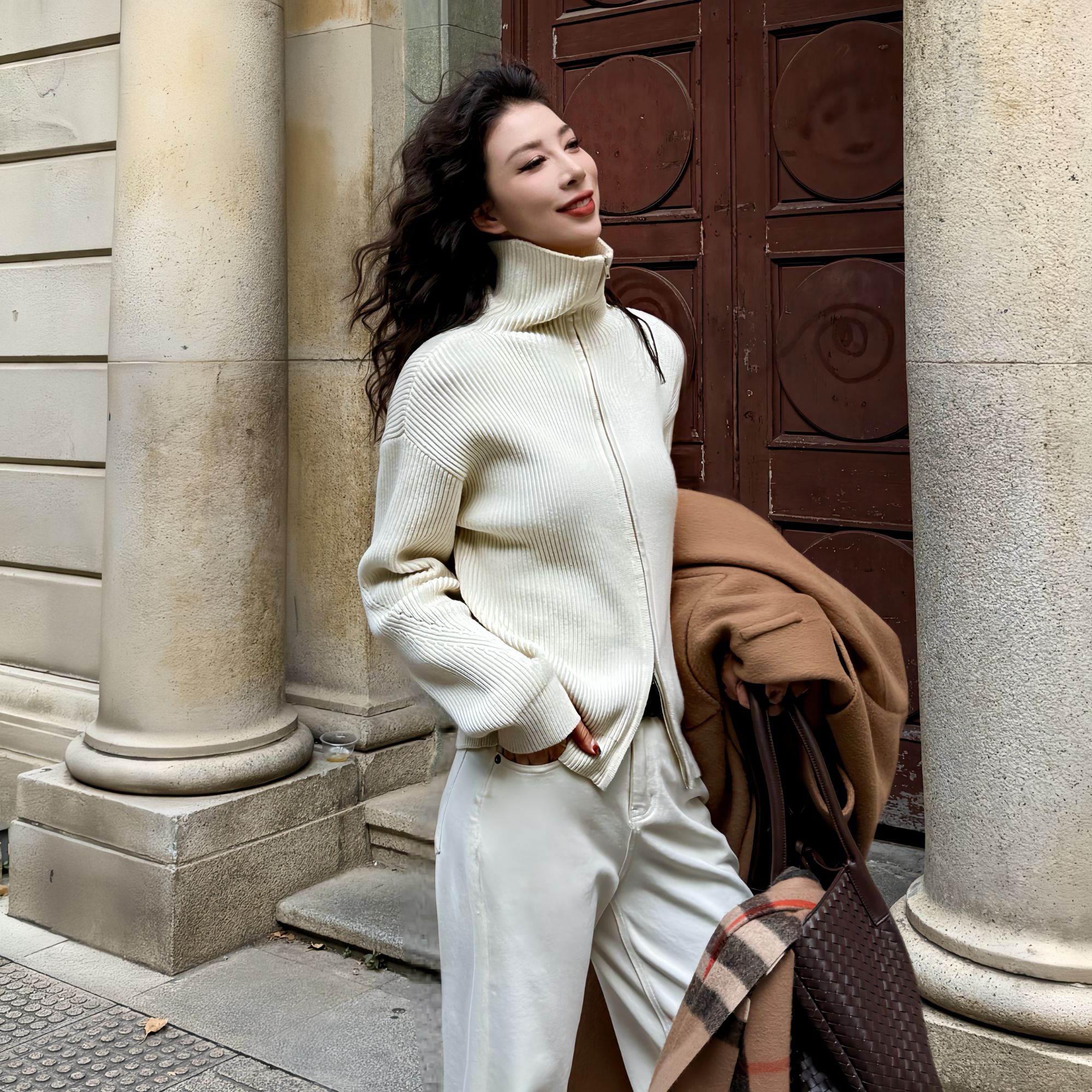 D&MX 高领调性针织双拉链坑条开衫高个子20253173-1