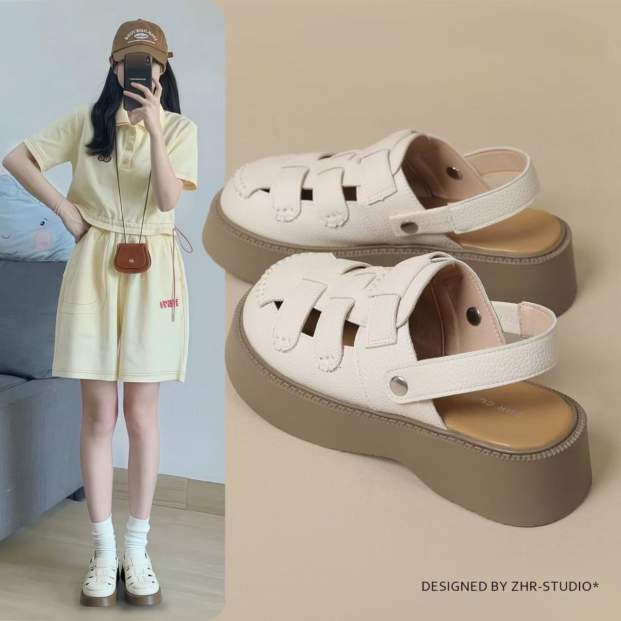 TT镂空洞洞凉拖鞋时尚女生配裙子新款包头厚底2025罗马运动外穿