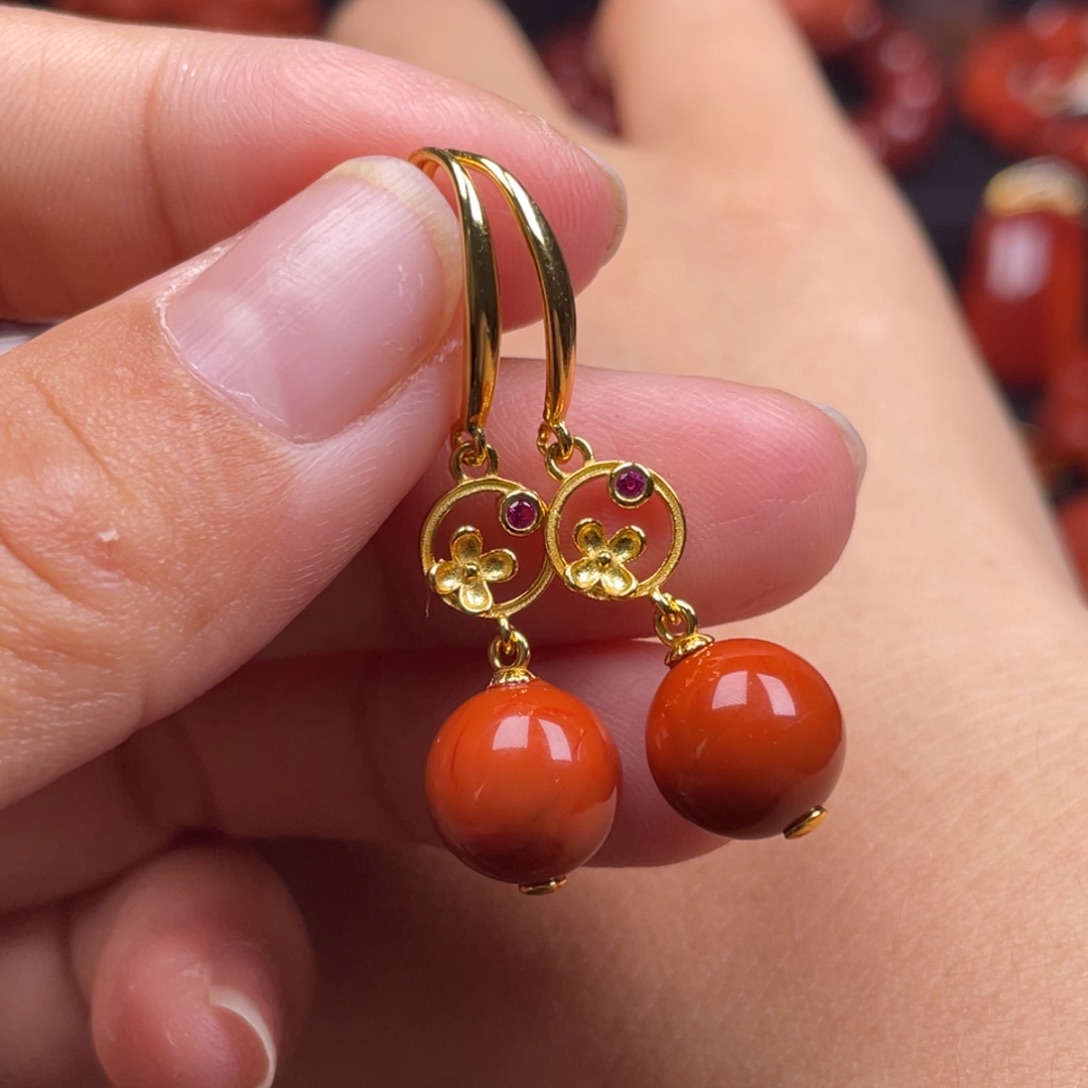 南红玛瑙珠宝奇石银S925镶嵌耳环