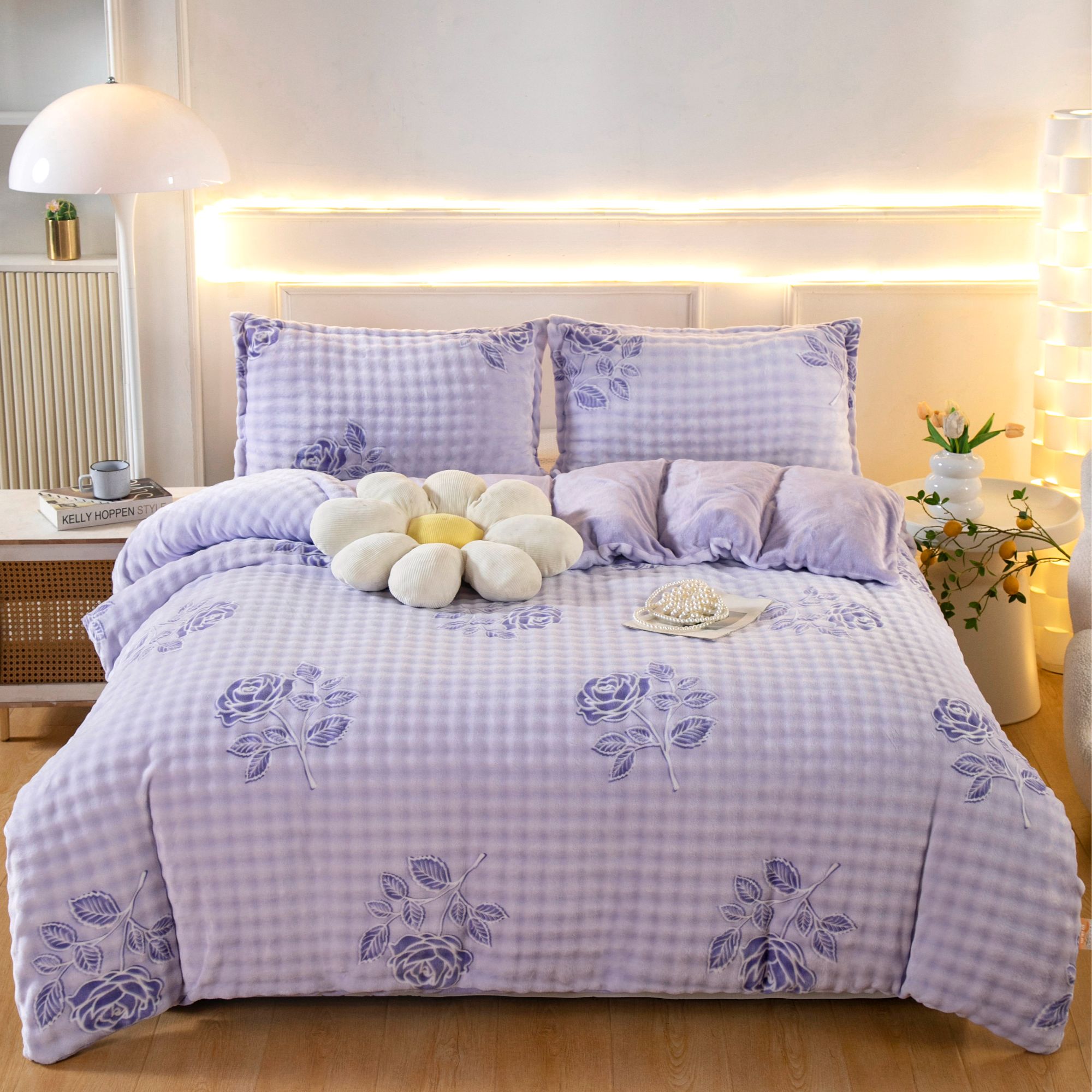 托斯卡纳长毛绒泡泡毛蓝灰粉紫加厚小方格被罩