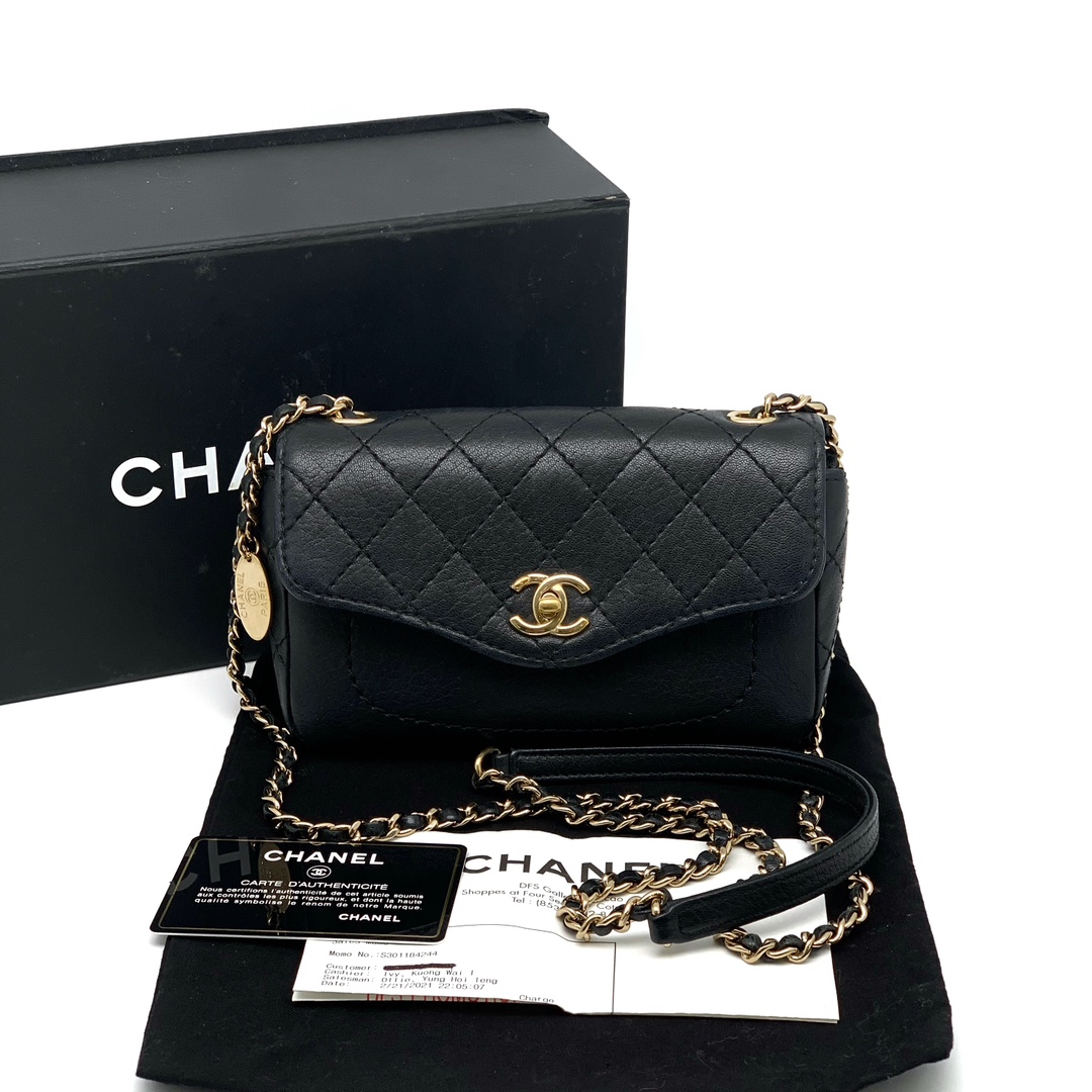 95新 Chanel/香奈儿 大全套带票 黑金金牌翻盖woc 链条包斜挎包