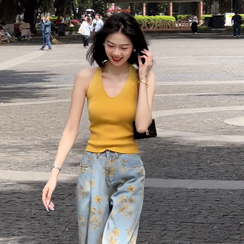 法式黄色挂脖吊带背心女夏外穿小心机设计感露背无袖针织辣妹上衣