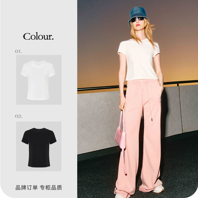 4091【M】2024春新品收腰短款正肩弹力棉T恤辣妹风休闲百搭女士时尚