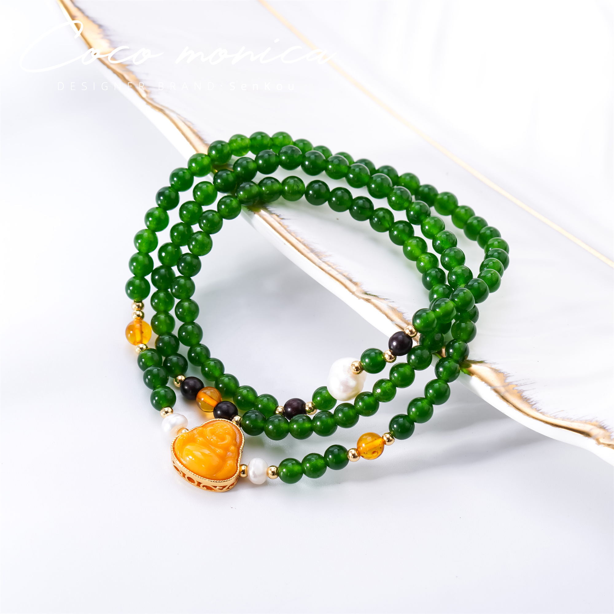 【小霞珠宝】手链三圈手链蜜蜡佛公珍珠轻奢时尚复古编织AE812