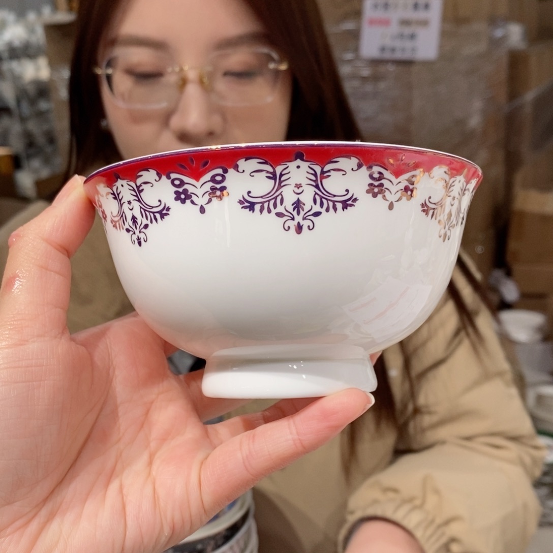 瓷骨瓷4.5英寸高脚碗米饭碗4只外贸尾单