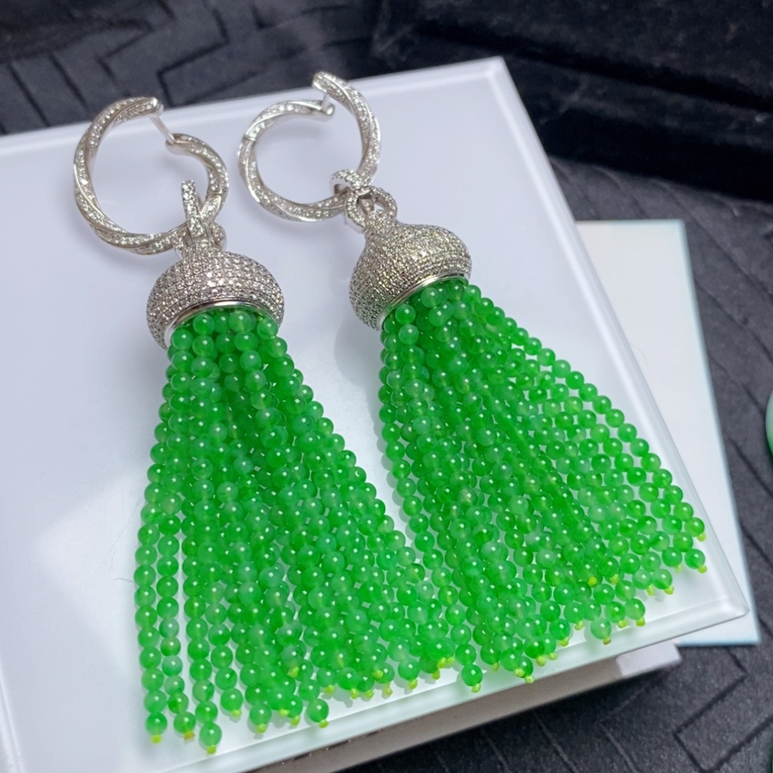 翡翠18K金镶嵌耳饰流苏小米珠耳饰吊坠多用款