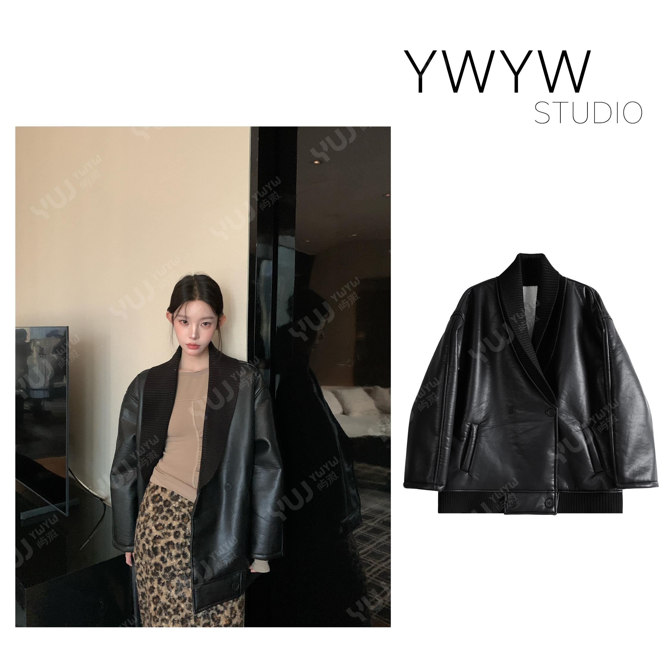 【YWYW25F/W】秋冬气质螺纹翻领收腰单排扣青果领皮衣5957