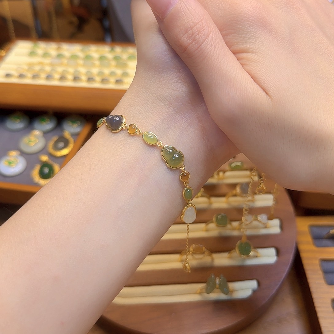 和田玉手链银S925镀金镶嵌