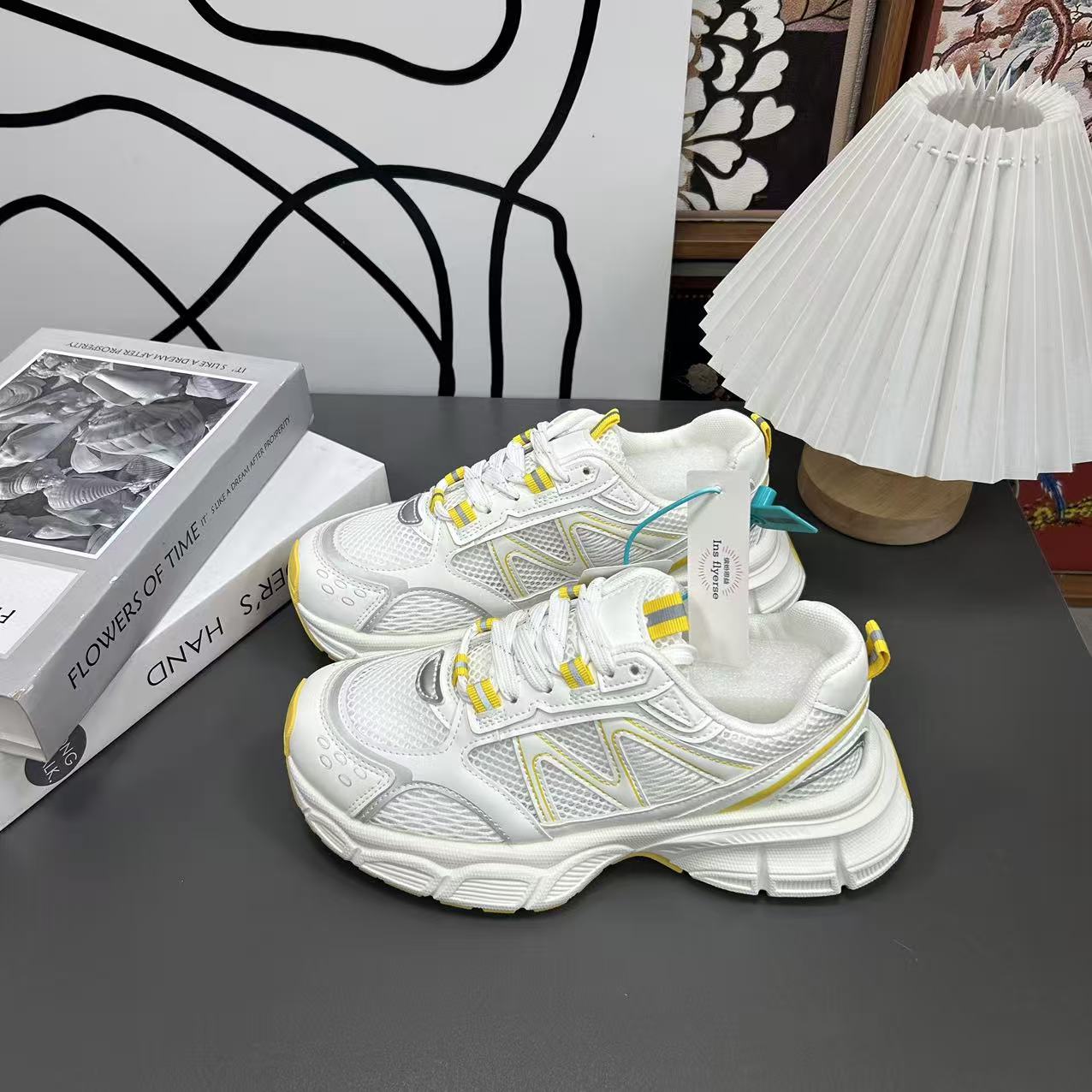 2908 白黄 透气老爹鞋女网面新款百搭增高厚底轻便休闲运动小白鞋