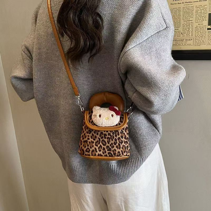 新款秋冬豹纹猫咪卡通可爱迷你单肩小众时尚百搭出游购物袋