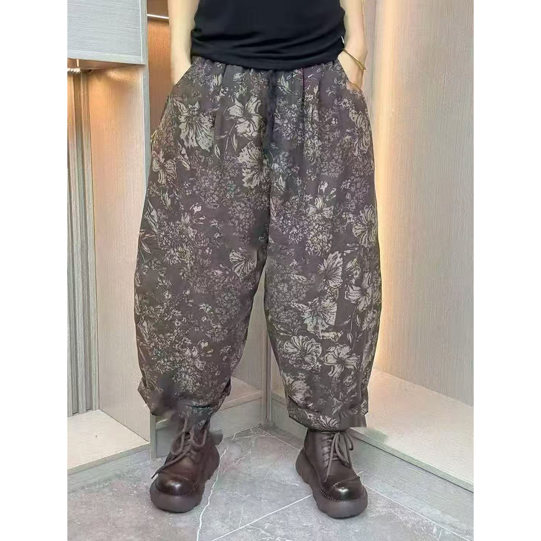 保暖休闲裤松紧腰重工复古港风提花无弹印花复古