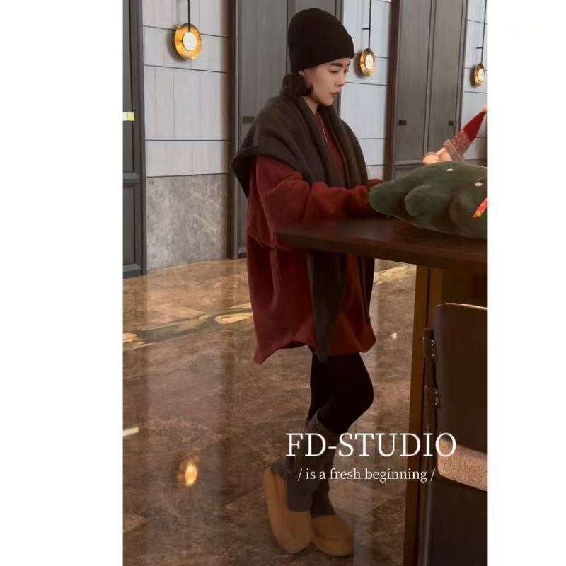【梵町定制】FD22711胭脂红大颗粒抓绒美式复古卫衣宽松休闲