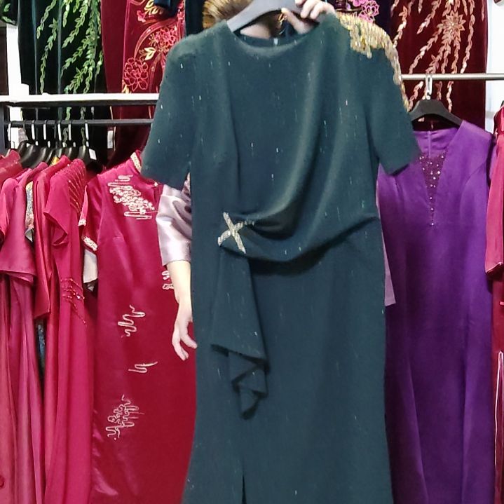 墨绿色圆领品牌轻奢长款鱼尾连衣裙3xl130-145斤以内
