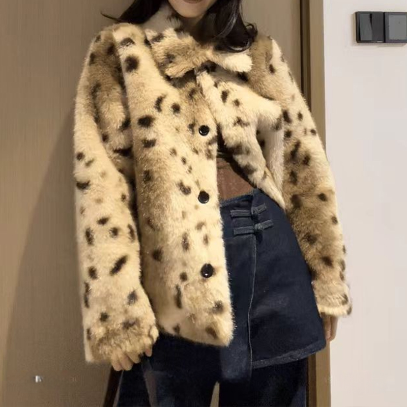 【小奶豹】质感撞色豹纹休闲洋气冬季保暖短款毛毛外套 