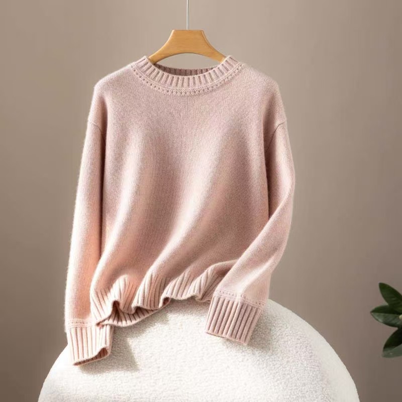 100%纯山羊绒羊绒衫秋冬上衣针织五针加厚女款宽松版套头衫