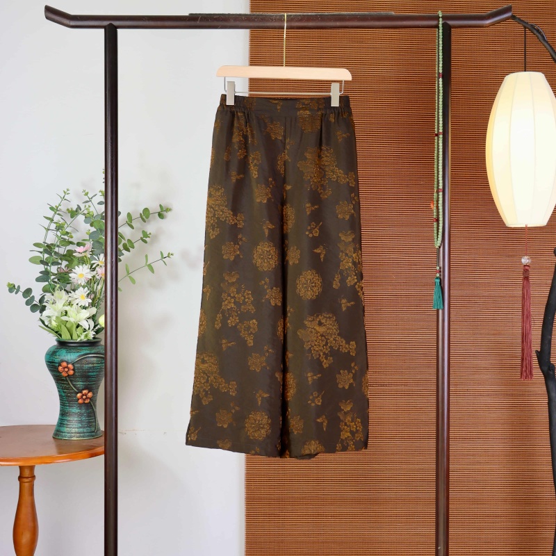 9615春秋香云纱裤子女秋季桑蚕丝阔腿裤新中式直筒裤松紧腰