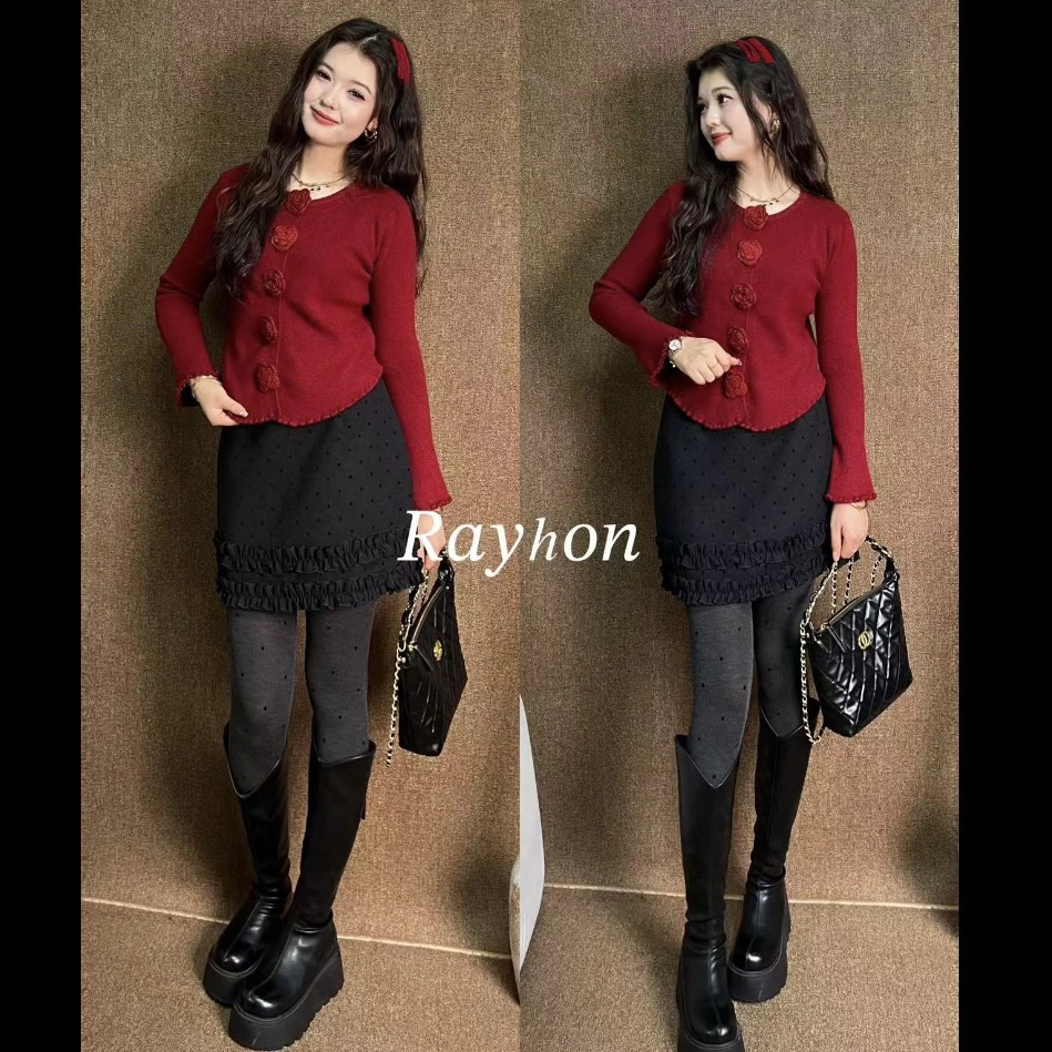 Rayhon长袖毛针织衫纯色韩版开衫上衣裙子套装