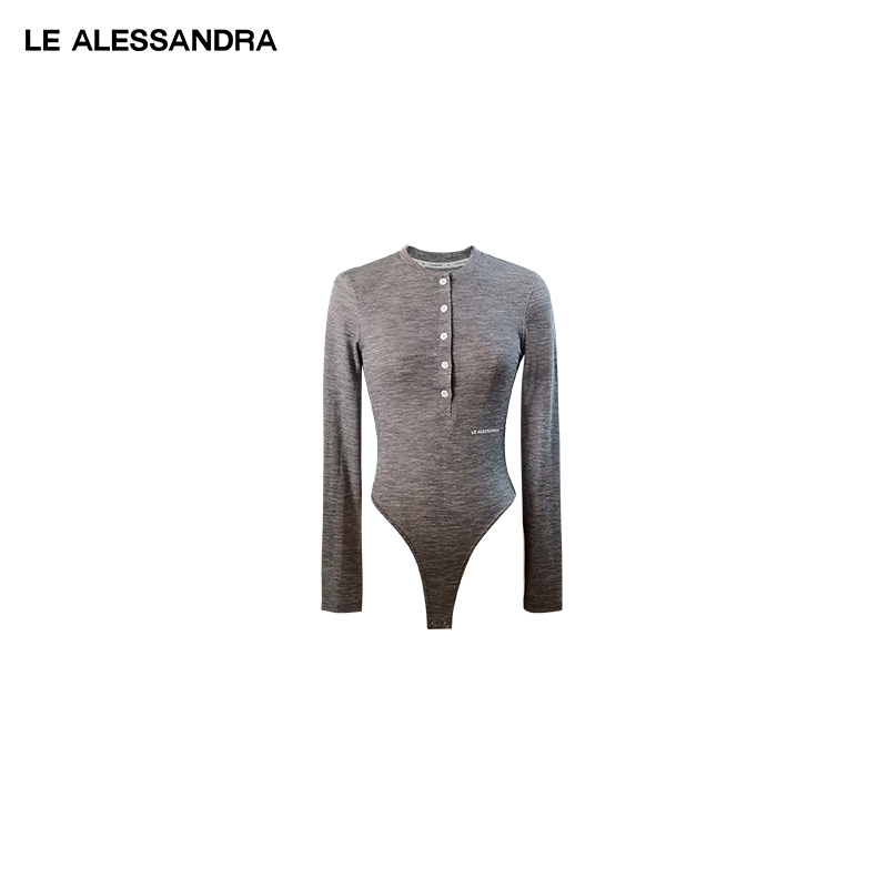 品牌直营 LE ALESSANDRA 春夏羊毛肌理感亨利青果领连体上衣T恤