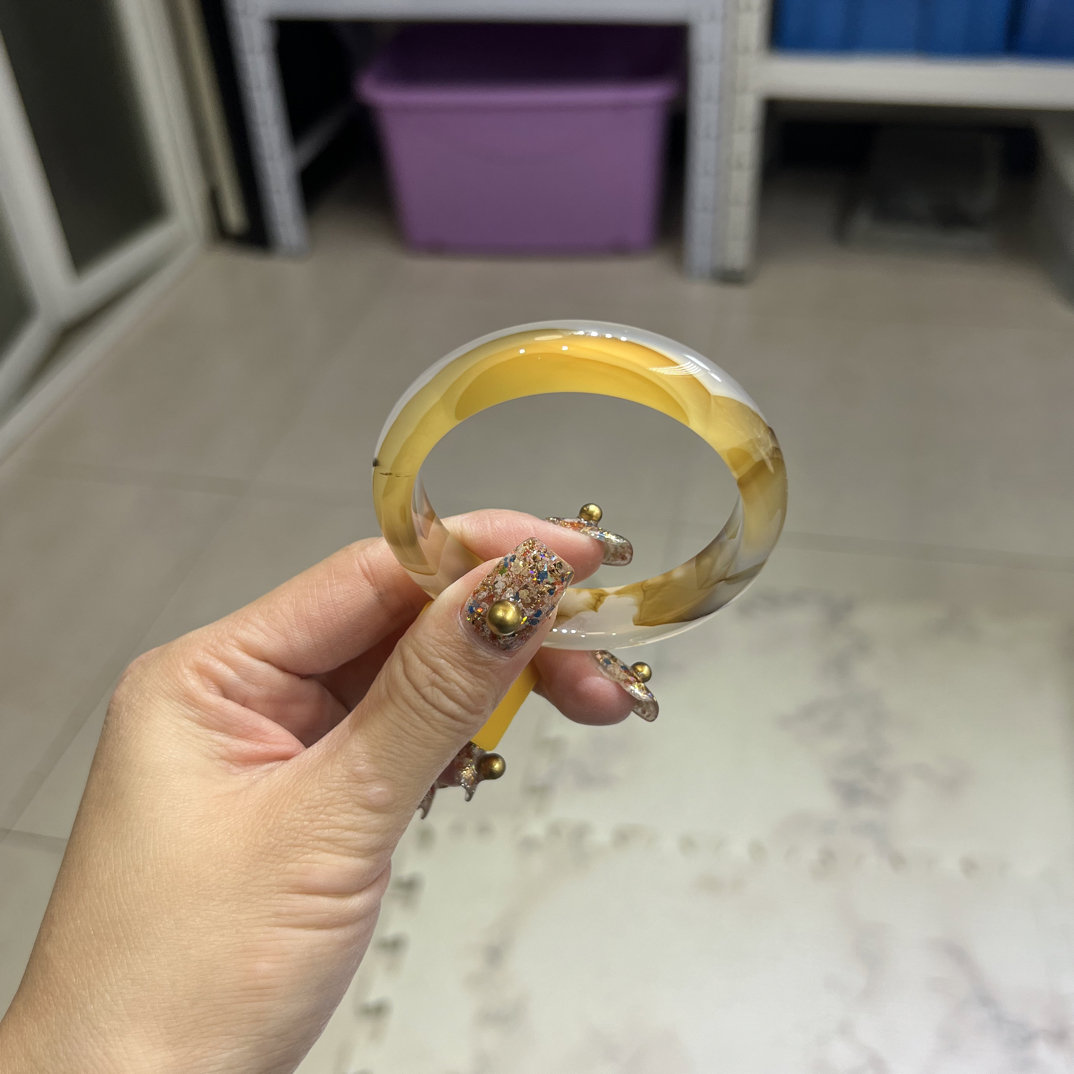 天然马料老料香槟金金丝带意境高冰透玛瑙手镯53-55圈口可带