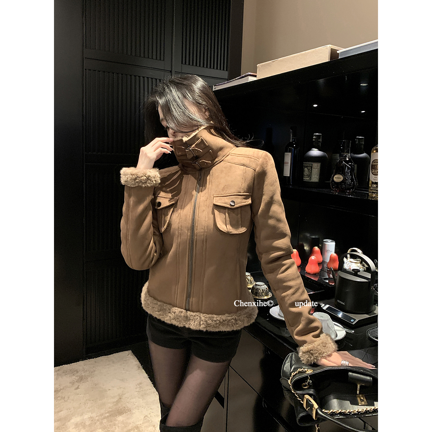 何晨曦 复古皮毛一体外套收腰显瘦防风保暖羊羔毛绒夹克 T1315W