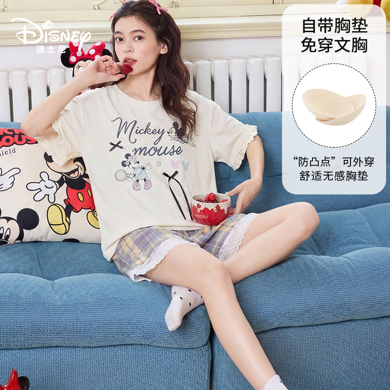 Disney/迪士尼夏季新款纯棉短袖短裤带胸垫卡通动漫家居服0340