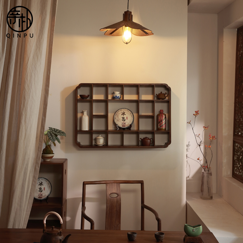 望山19格多宝阁黑胡桃木实木挂墙博古架中式茶壶茶壁挂收纳多宝阁