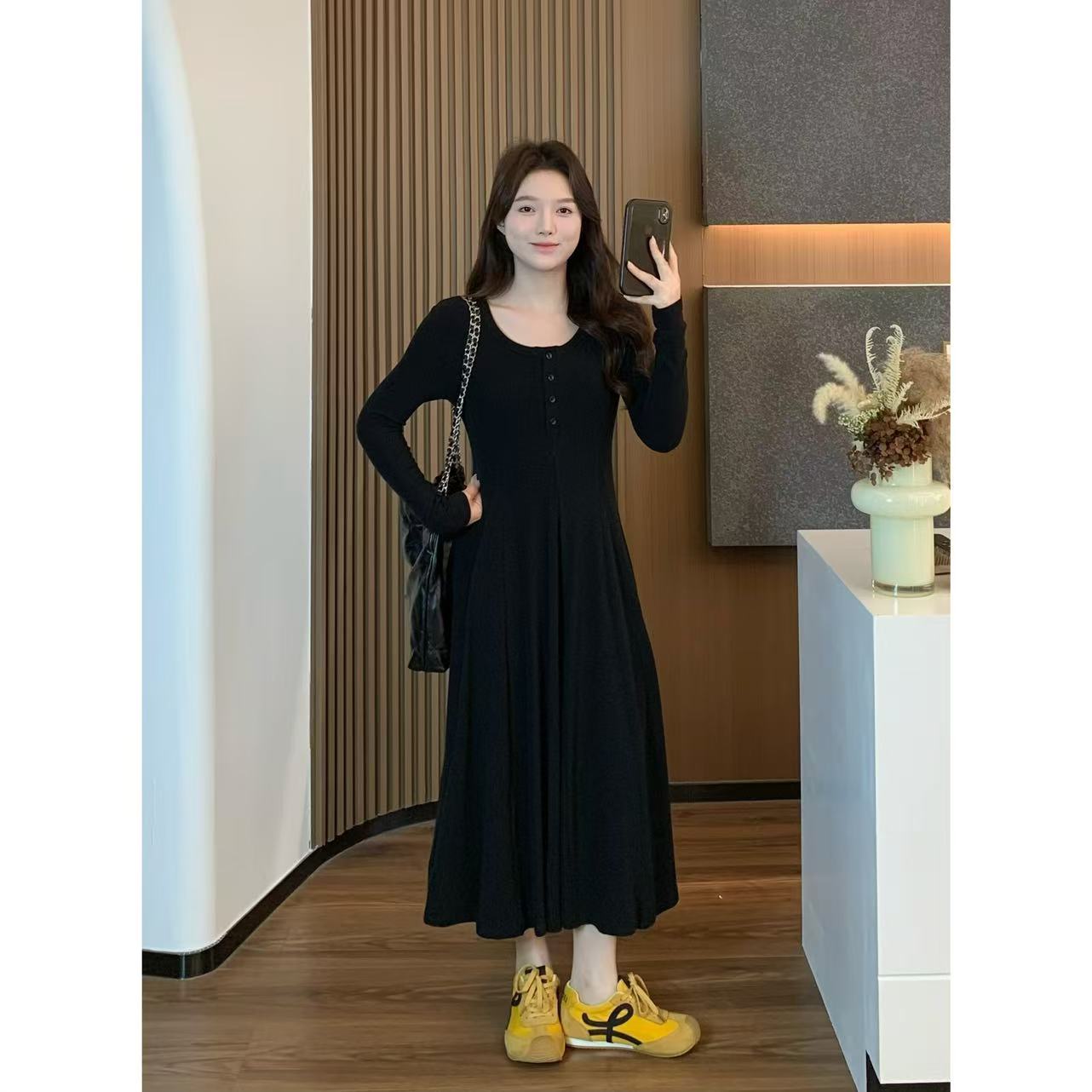 小羽酱小个子定制秋冬气质百搭弹力显瘦U领打底裙长袖加绒连衣裙