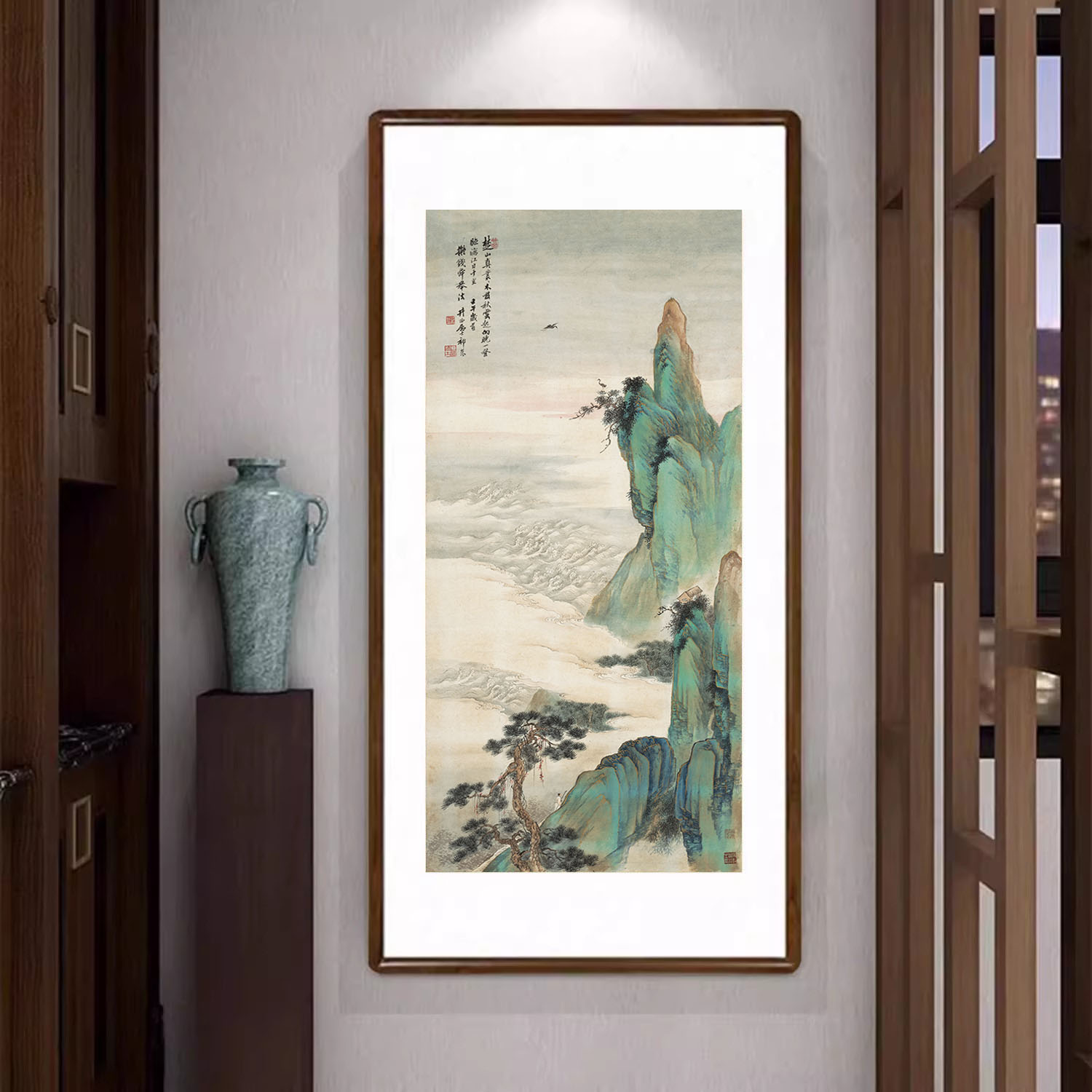 青绿山水轴新中式装饰画客厅入户玄关挂画办公室国画走廊过道壁画