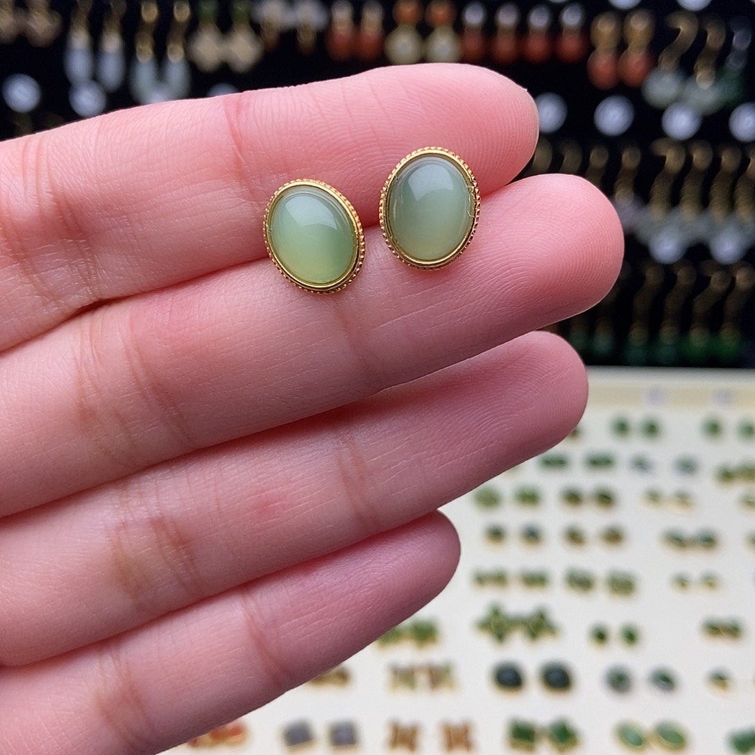 和田玉银S925镀金镶嵌耳饰