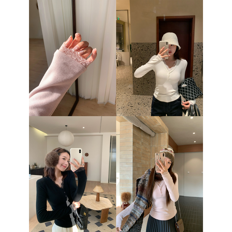 柔焦氛围 心机叠穿纯欲蕾丝拼接打底衫 绒绒发热修身V领511TX5