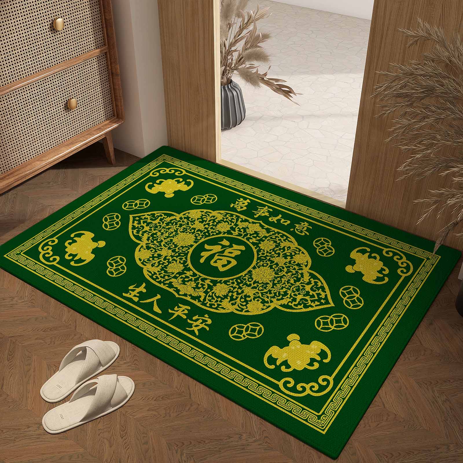比利时绒加厚防滑入户门垫家用新中式脚垫豪宅别墅大门口绿色地毯
