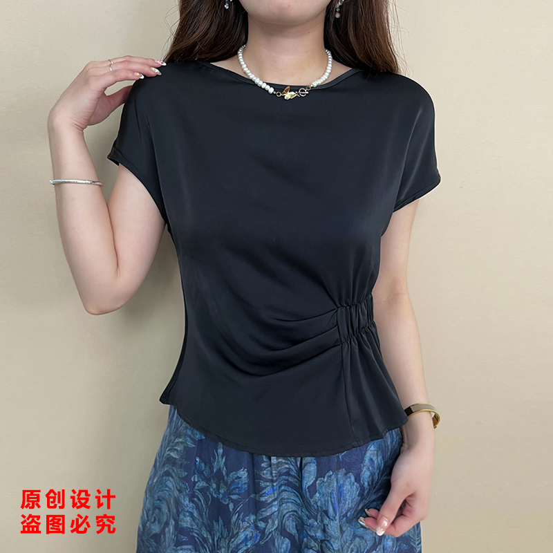 珠光缎面小衫女夏季短袖圆领T恤法式褶皱收腰设计感百搭宽松上衣