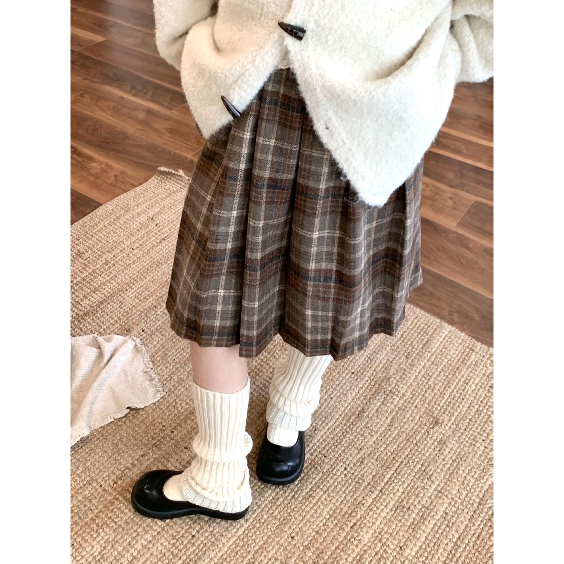 韩系学院风A字百褶中裙毛呢子格子半身裙女秋冬五分裙高腰a字短裙