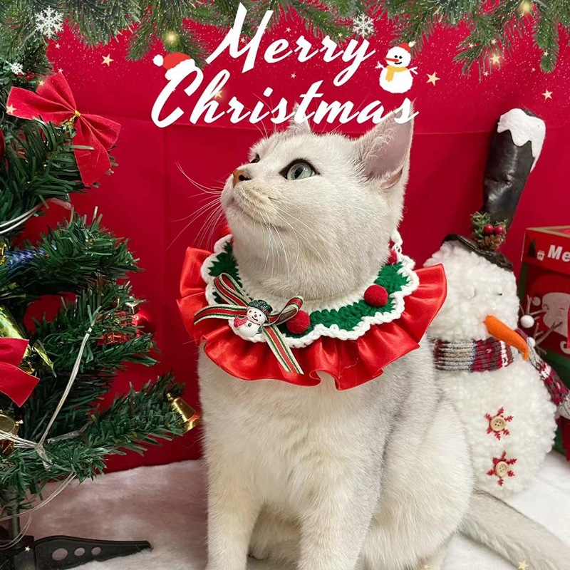 猫咪圣诞节围脖手工钩针编织项圈围嘴宠物狗狗中小型装饰脖圈饰品