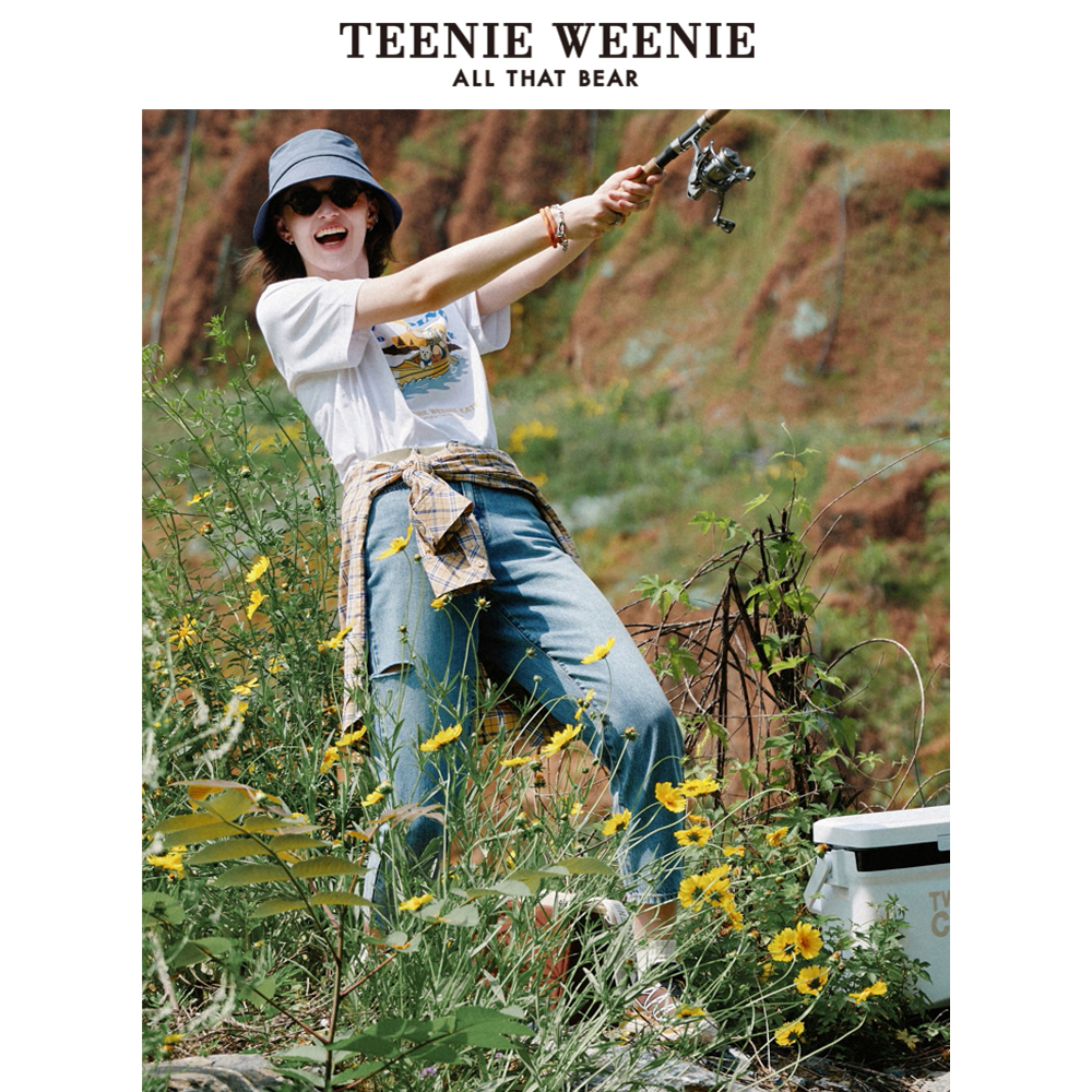 【女装优选KY】小熊直筒基础宽松侧边破洞牛仔裤长裤女TTTJ233702T