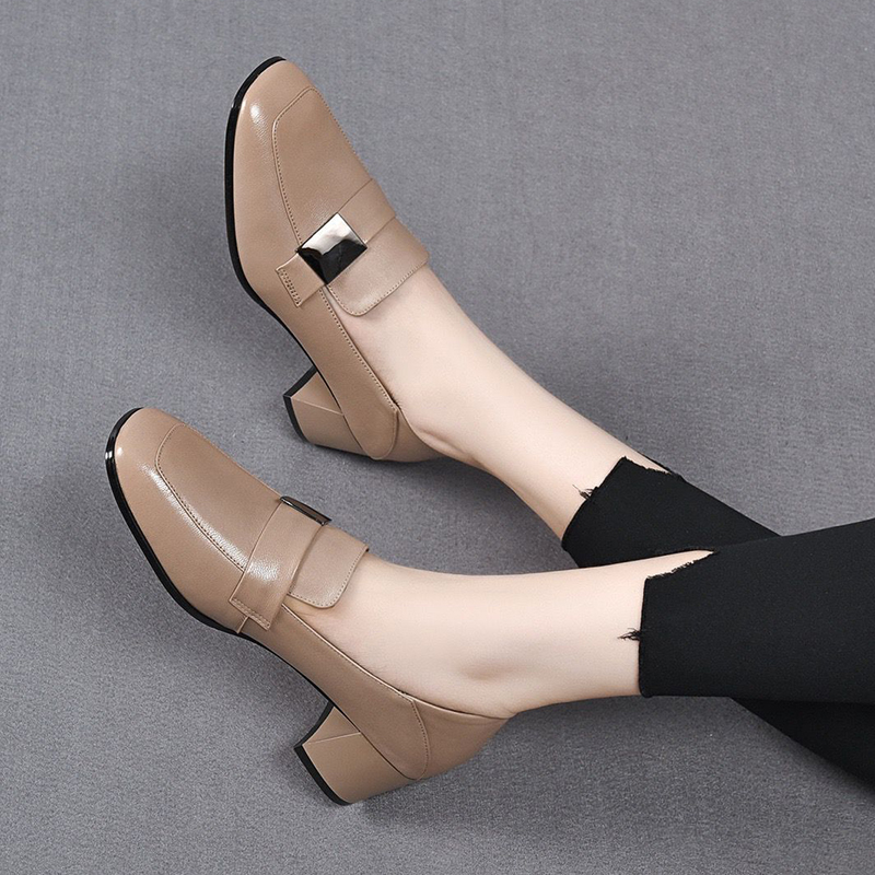 OM62294290真皮单鞋女方头浅口英伦风小皮鞋一脚蹬粗跟乐福鞋