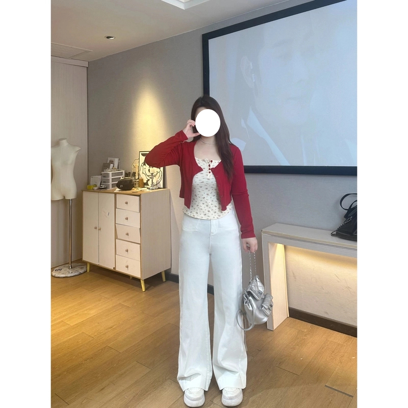 6695#不贴腿白色高腰牛仔裤女春夏新款梨形遮胯垂感阔腿裤