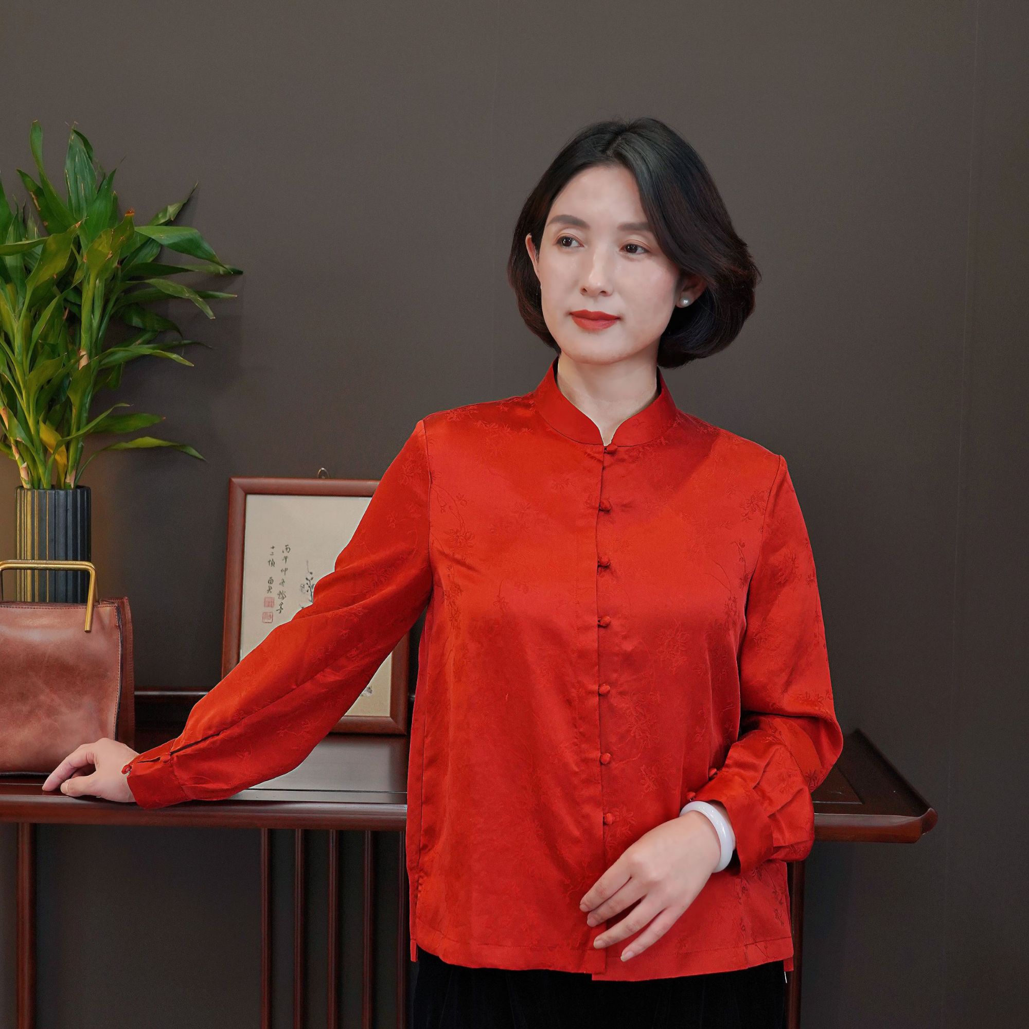 【京华苏艺】高定桑蚕丝新中式提花香云纱私定气质长袖上衣-68517