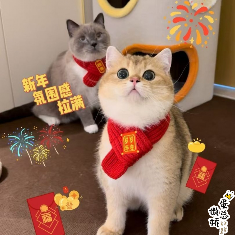 猫咪狗狗围脖新年宠物配饰装饰围巾红色可爱毛线保暖针织小狗喜庆