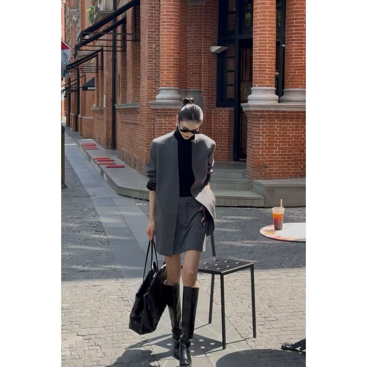 FIINAL《巴黎回忆录》提花条纹无领廓形西装+裤裙套装