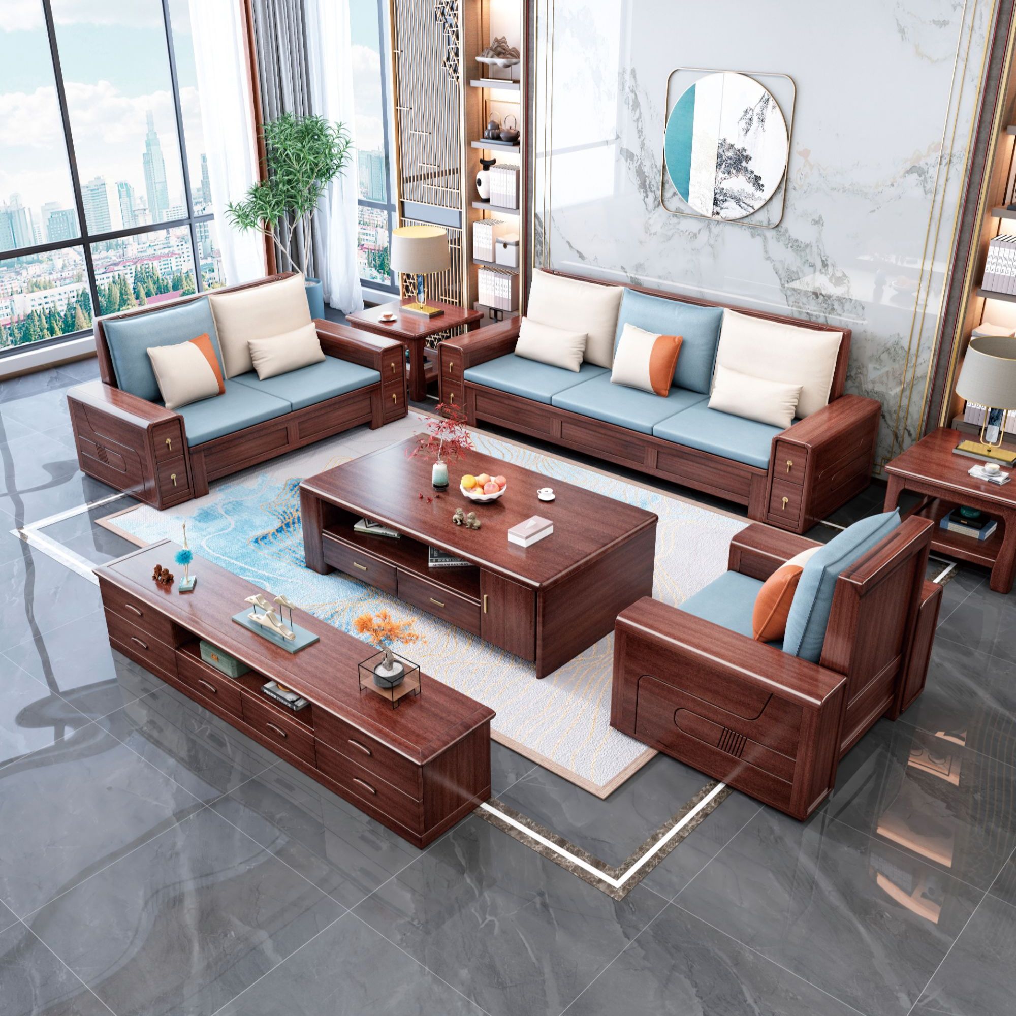 金丝胡桃木实木沙发组合冬夏两用中式现代简约客厅小户型家具580