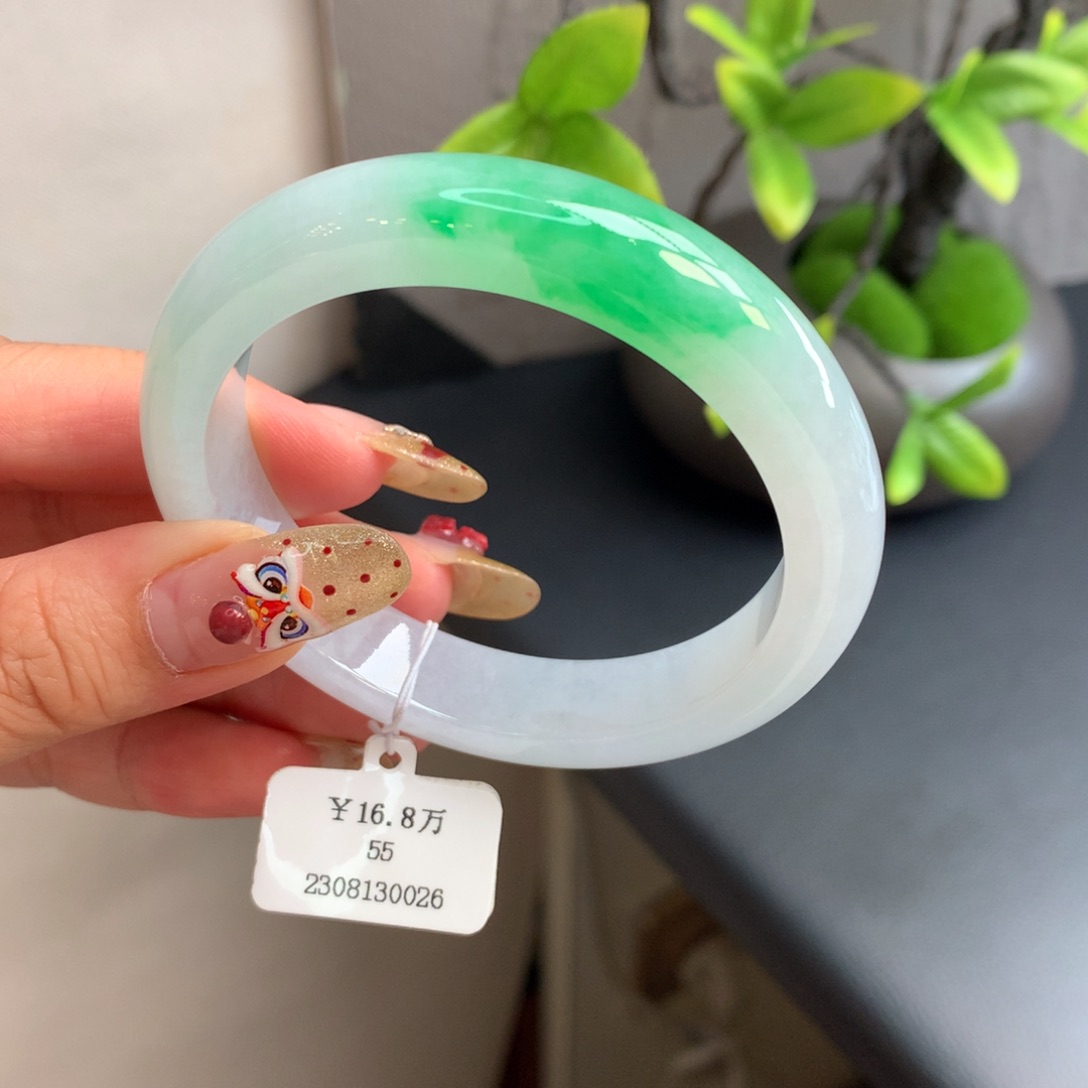 翡翠手镯未镶嵌55冰阳金丝绿正圈