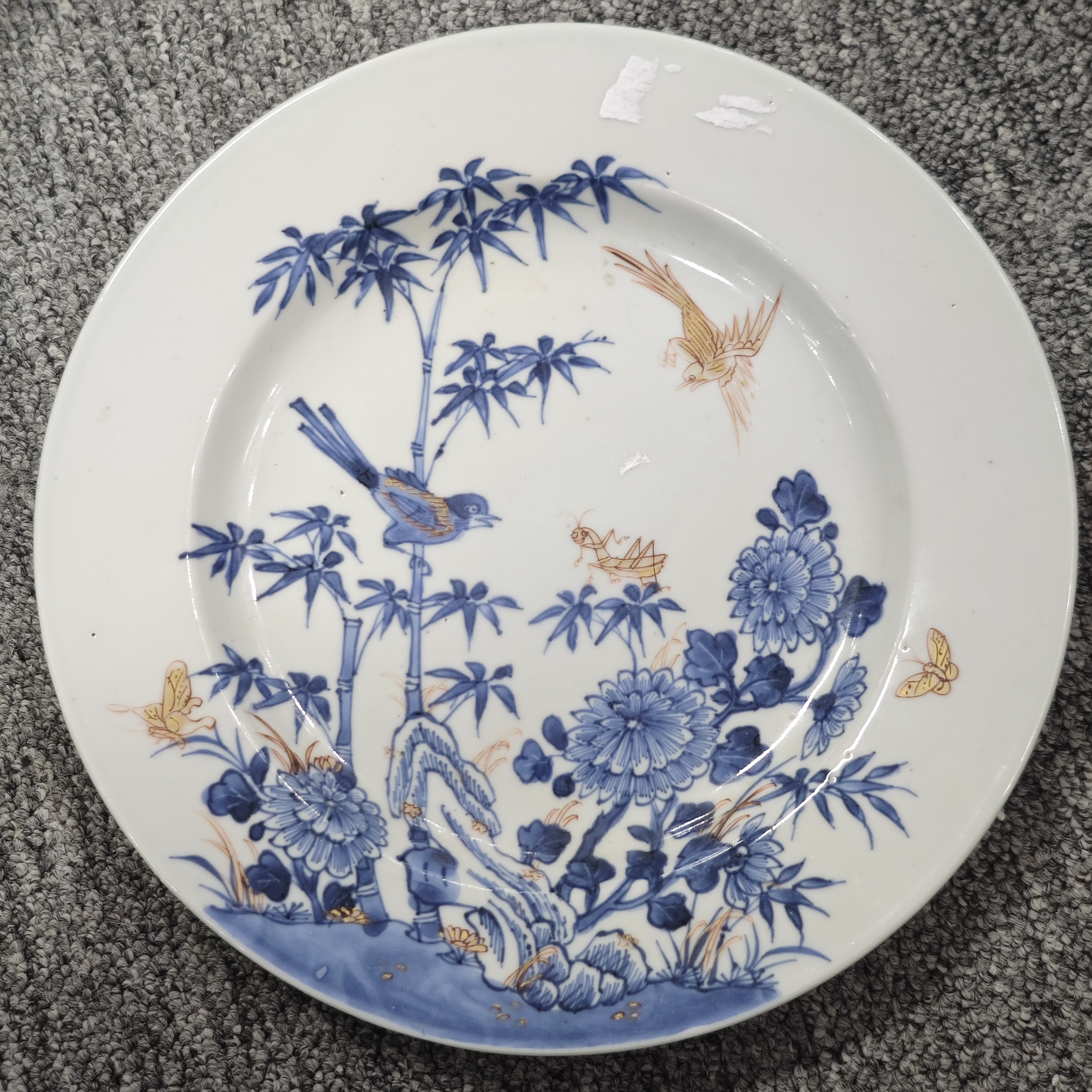 清 雍正 青花矾红花鸟竹虫纹赏盘【小飞皮】古陶瓷W-1249
