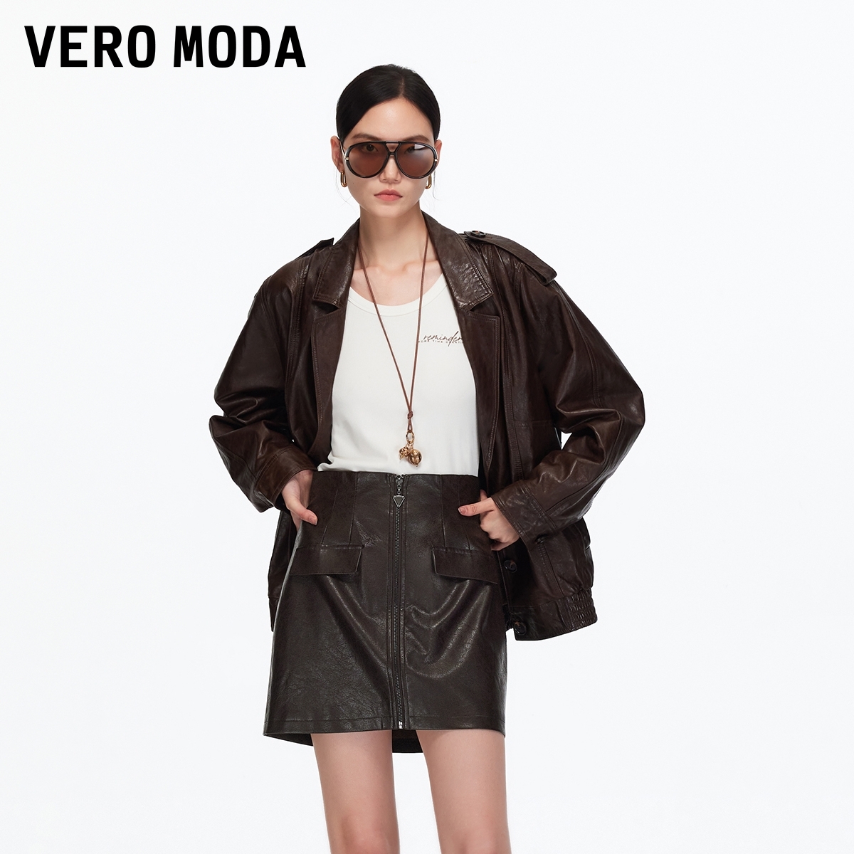 Vero Moda半身裙【布朗尼】秋季PU高腰A字捏褶流光风清冷系