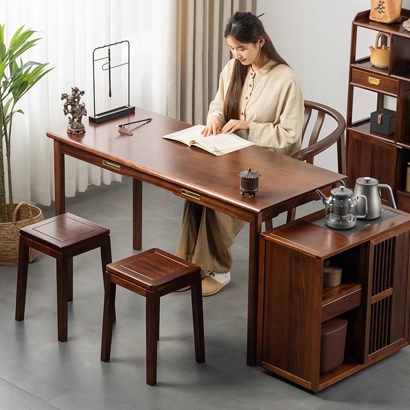 新中式实木茶桌阳台泡茶茶台乌金木茶桌书桌一体两用茶柜电器套装