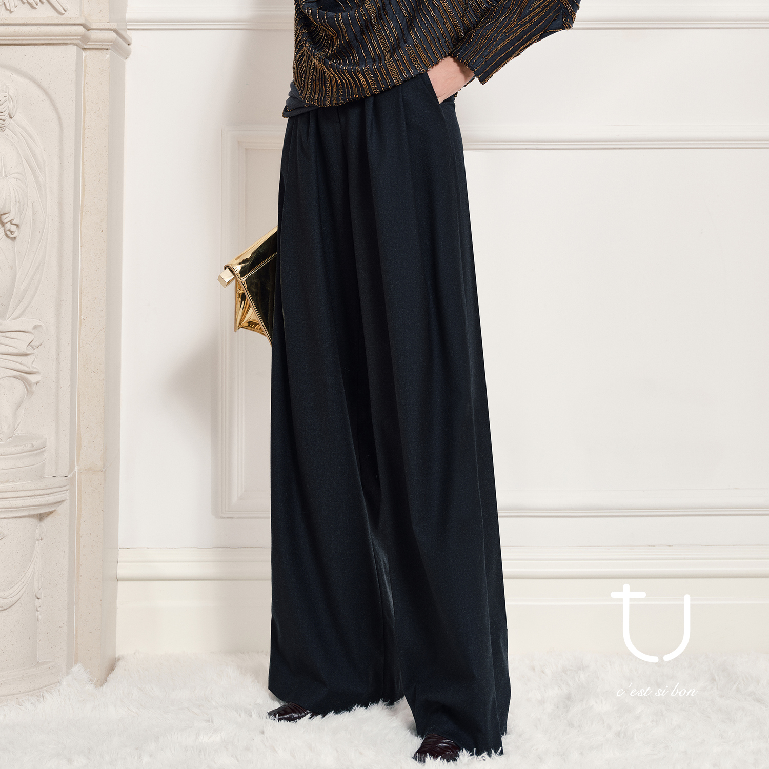 TU女装 羊毛高腰直筒裤25年秋新款褶皱阔腿长裤通勤显瘦休闲裤子