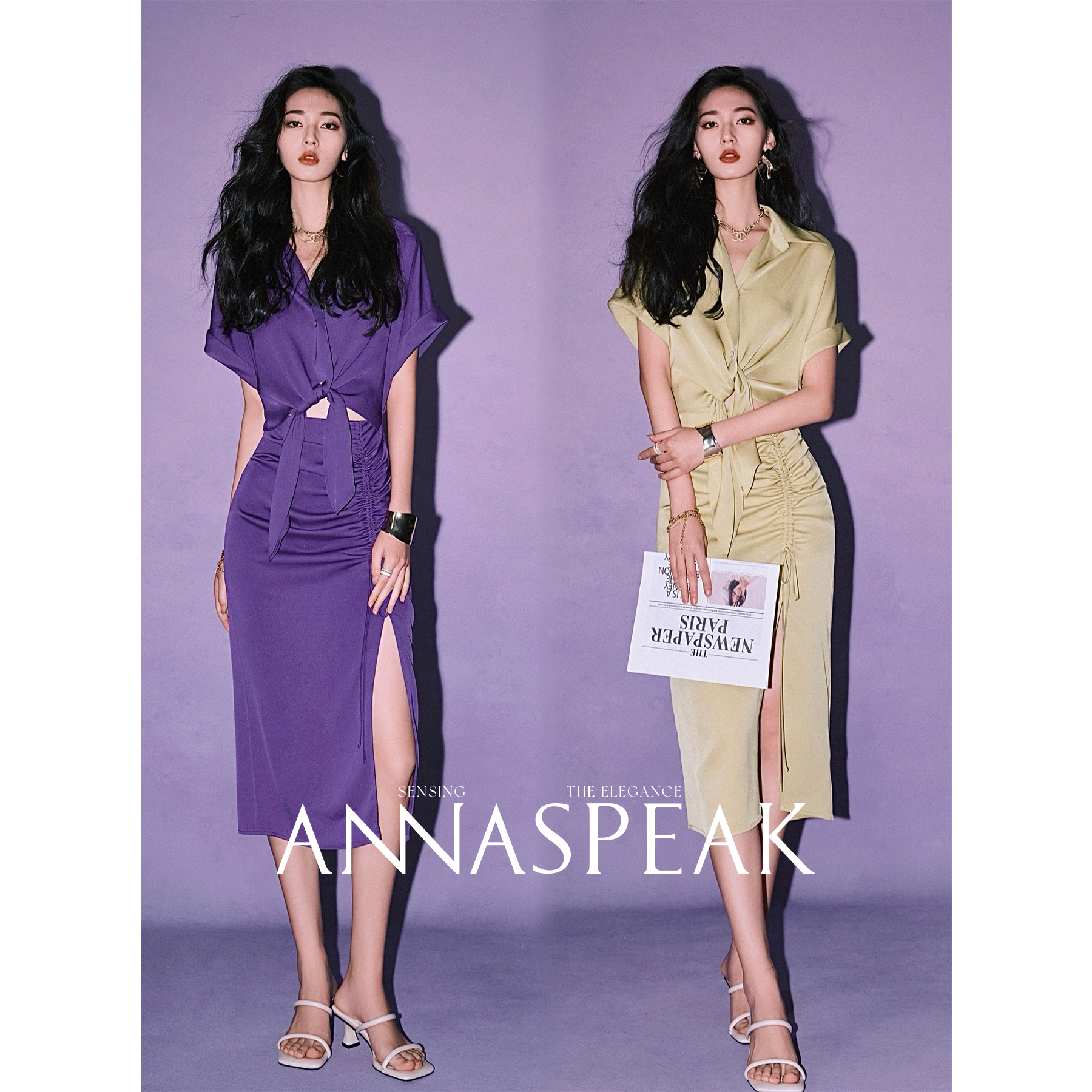 ANNASPEAK莹润光感醋酸假两件系带衬衫抽绳气质显瘦连衣裙夏季女