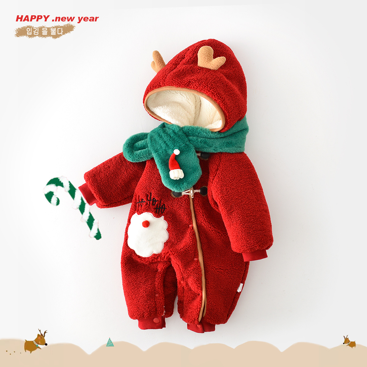 宝宝秋冬新年款加绒加厚爬服婴幼儿连体衣送围巾