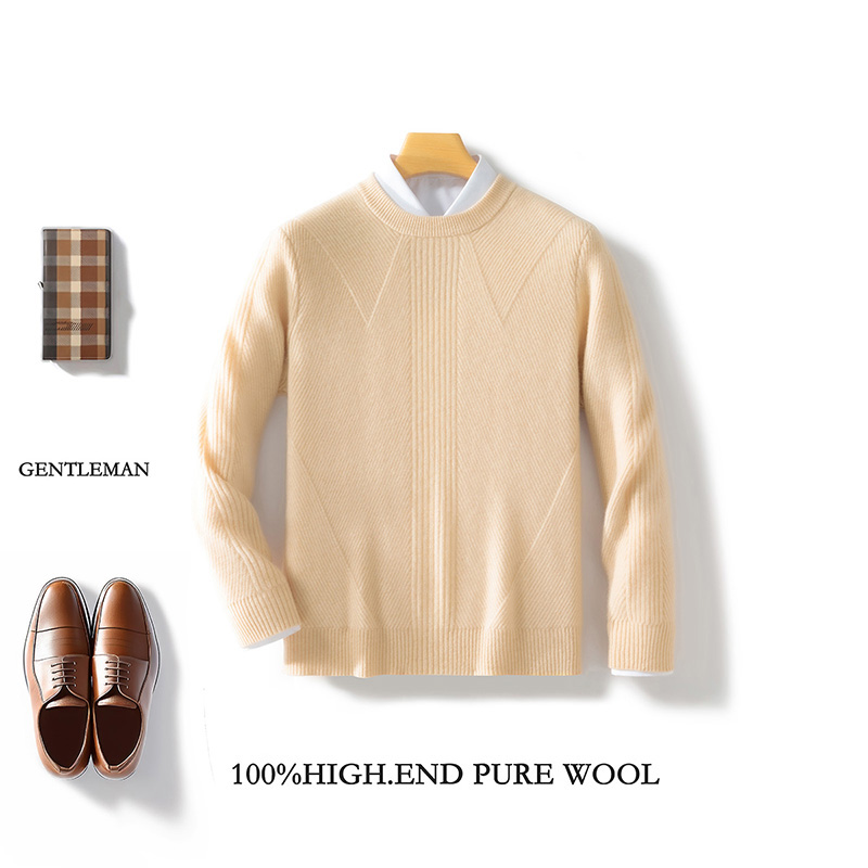 简约而不简单~秋冬新款100澳洲羊毛男士加厚圆领斜纹针织衫-17